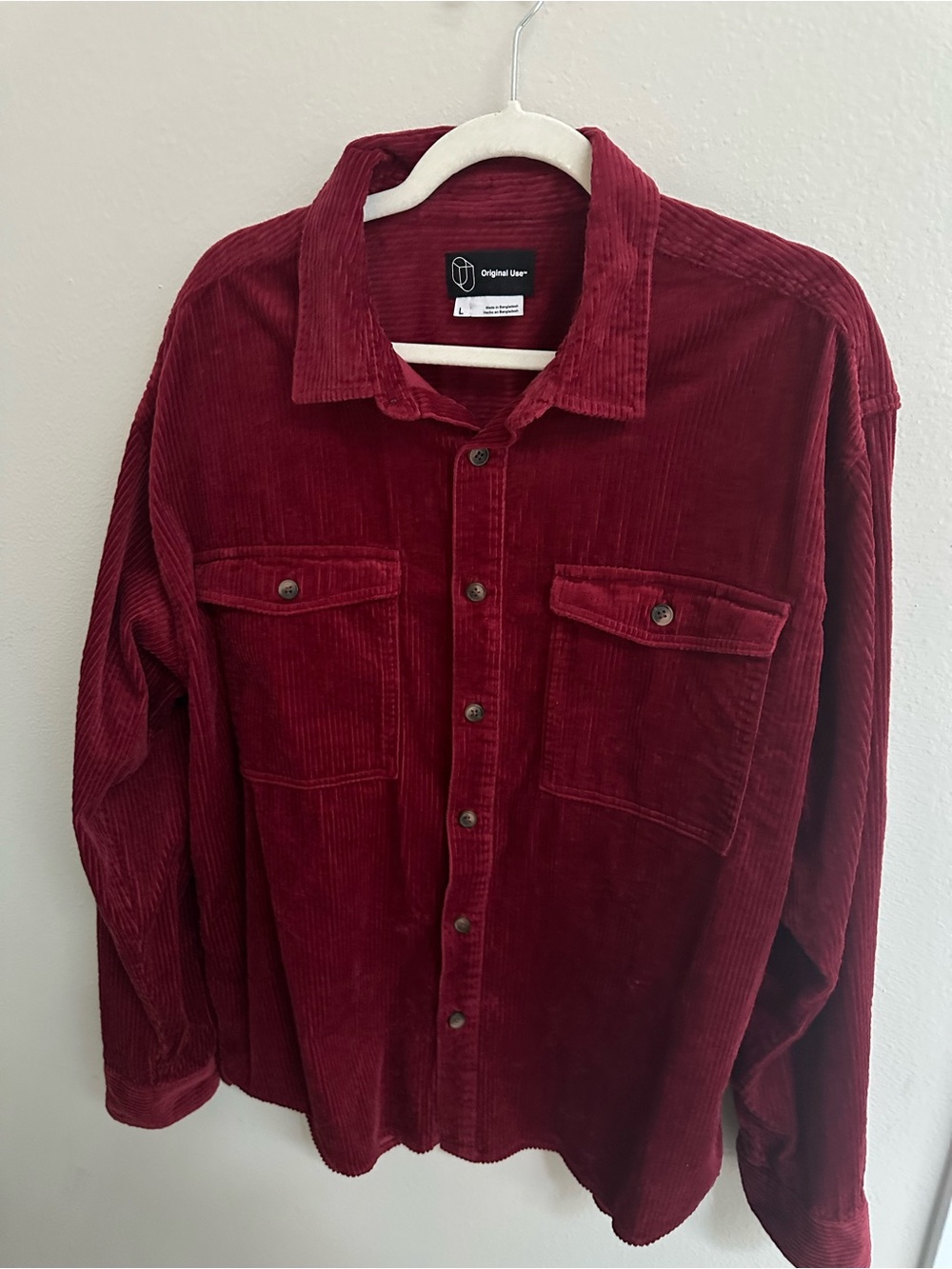 Original Use Men's Burgundy Corduroy Button-Up Jacket, Size Large.